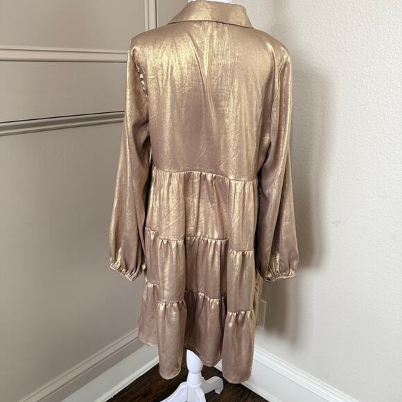 NWT Jodifl Gold Metallic Button Front Babydoll Shirt Dress Size S Holiday Party - Picture 5 of 7